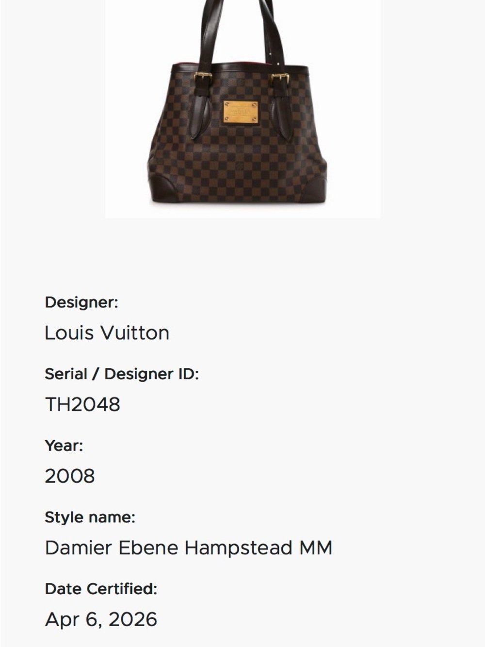 Vintage Louis Vuitton Brown Damier Ebene Hampstead MM Canvas Tote w/Gold Plaque - Picture 13 of 13